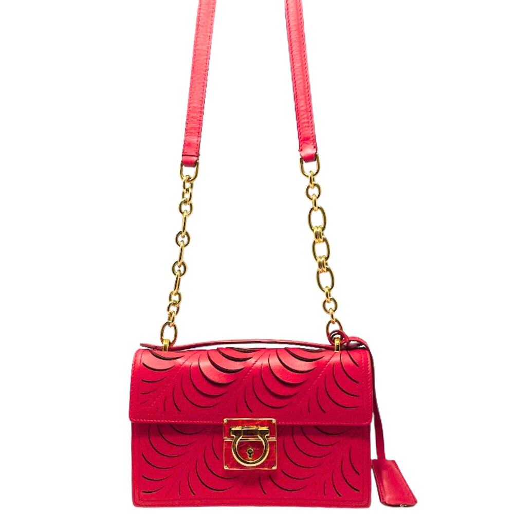 Salvatore Ferragamo Bag Crossbody Shoulder Gancini Top Handle‎ Red Leather Purse